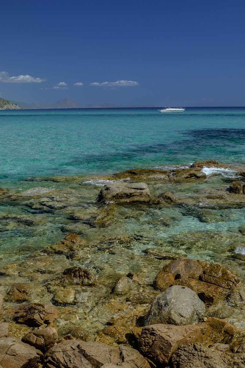 Stunning clear turquoise waters and rocky shores of a Sardinian beach under a bright blue sky.